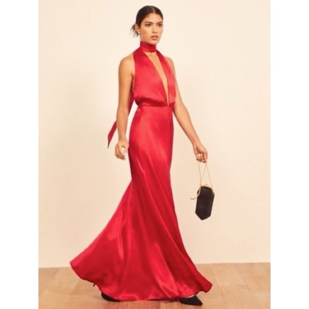 Reformation Red Satin Backless Halter Gown